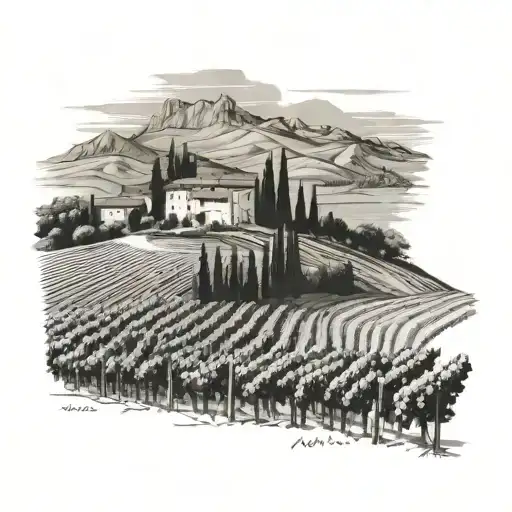 Morro d'Alba Italy Vineyard With Rolling Hills And Grape Rows In Foreground, Farmhouse And Mountains tattoo design idea