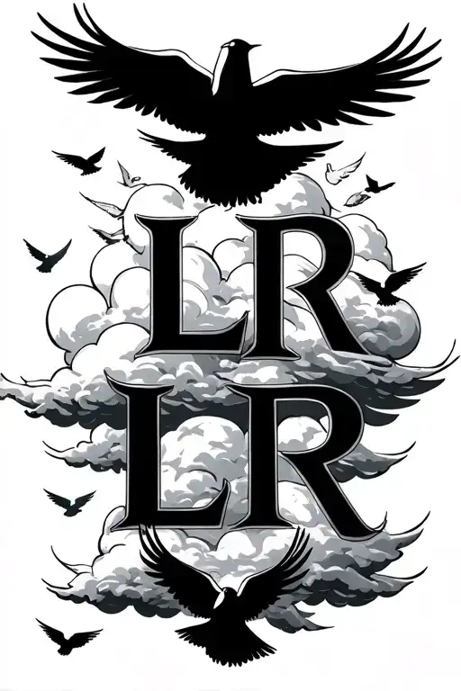 the letters LLR in the clouds surrounded in flying doves tattoo design idea