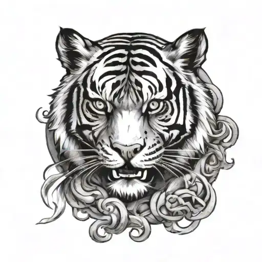A fierce tiger at the center, symbolizing strength. Around it, a circular Ouroboros with traditional Chinese and Japanes tattoo design idea