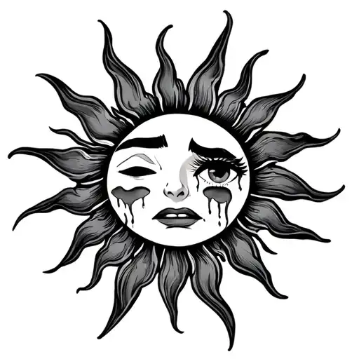 a sun has 7 rays with one eye happy the other crying tattoo design idea
