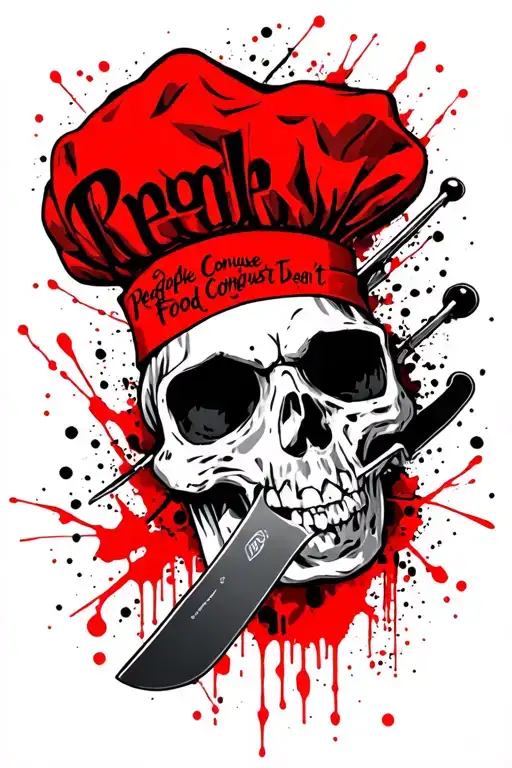 chef knife into skull with a quote "People Confuse me. Food Doesn't" tattoo design idea