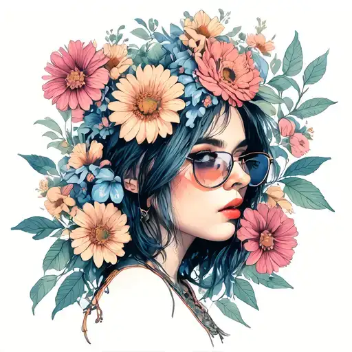 badass girl feeling cool with flowers blooming tattoo design idea