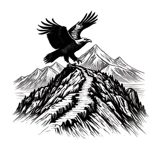 Inca trail winding through a mountain range with a condor perched on a peak tattoo design idea