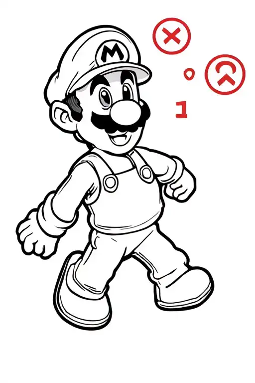 Super Mario. With his classic outfit and iconic jump. Show three lives, but only one should remain. The other two should be gone. I'll get it on my forearm, so it shouldn't be too big. tattoo design idea