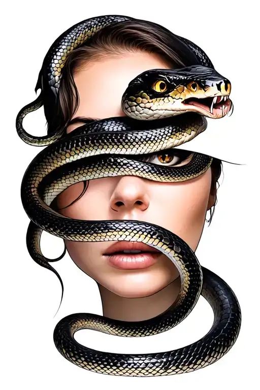 a realistic close-up of a woman's face, with her eyes covered. A detailed snake should be coiled around the face tattoo design idea