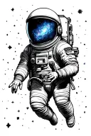 astronaut floating in space with his hand reaching out with a nebula reflecting in his visor tattoo design idea