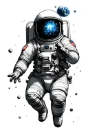 astronaut floating in space with his hand reaching out with a nebula reflecting in his visor tattoo design idea