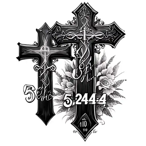 "5-24-24" 3 crosses with a verse and dates 10 10 2000 tattoo design idea