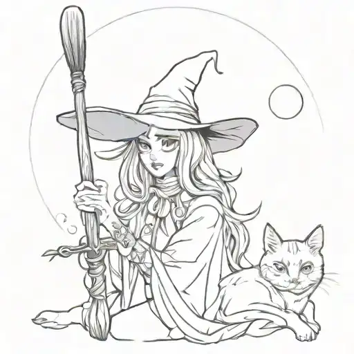 Witch, cat with witch hat, full moon, witch broom tattoo design idea