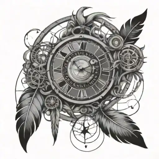 A surreal dreamcatcher intertwined with elements of a clock symbolizing the passage of time tattoo design idea