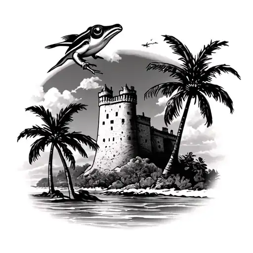 I want a beach view with palms trees and El Morro castle in the background with a Coqui resting on top of a Flor de Maga tattoo design idea