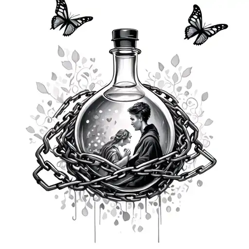 infinity bottle with someone inside beginning ,chains around the bottle  ,butterflies above the bottle tattoo design idea