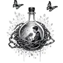 infinity bottle with someone inside beginning ,chains around the bottle  ,butterflies above the bottle tattoo design idea
