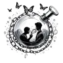 infinity bottle with someone inside beginning ,chains around the bottle  ,butterflies above the bottle tattoo design idea