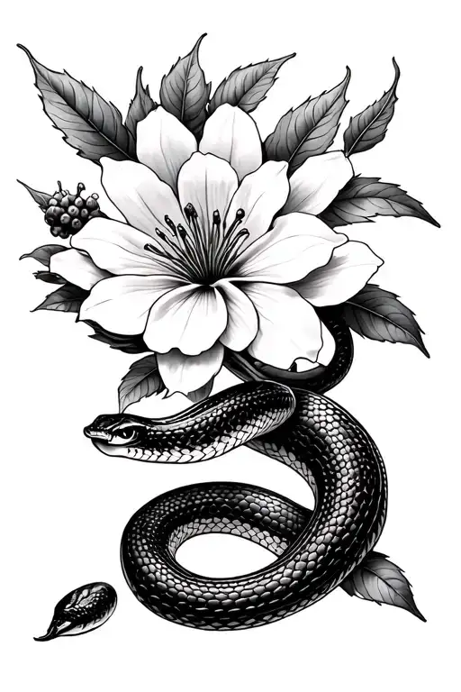 garter snake pacific berry flower intertwined fineline tattoo design idea