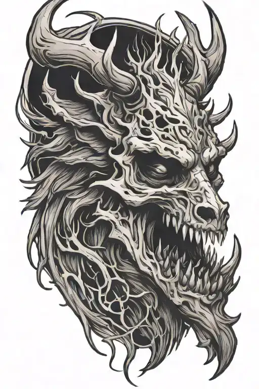 wendigo tattoo with a wolf skull and deer antlers mouth opening looking left tattoo design idea
