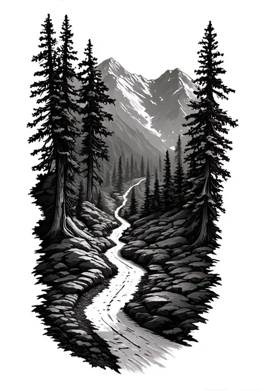 broken road through steep treed mountain range tattoo design idea