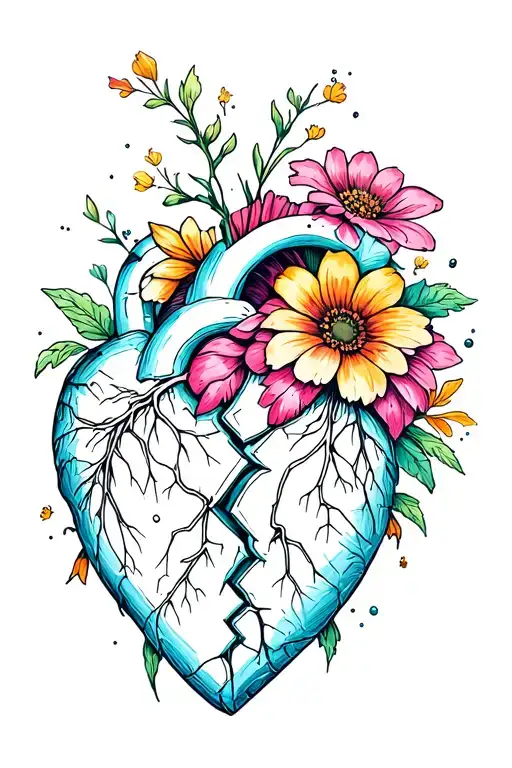 Broken heart with colorful flowers blooming out tattoo design idea