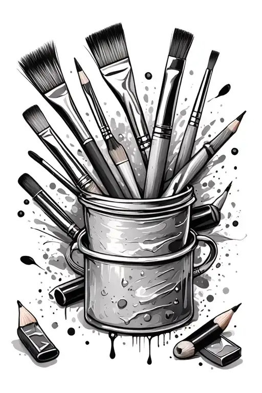 art inspired tattoo design featuring paint brushes, paint tubes, paint pots, pencils,  tattoo design idea
