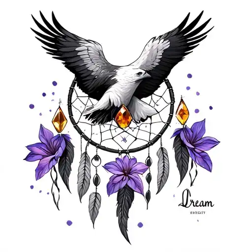 dream catcher. eagle, violet flower and amber gemstone tattoo design idea