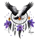 dream catcher. eagle, violet flower and amber gemstone tattoo design idea