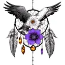dream catcher. eagle, violet flower and amber gemstone tattoo design idea