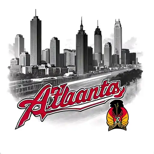 Atlanta tattoo sleeve for upper outer arm, with atlanta skyline, and atlanta hawks and braves logo tattoo design idea