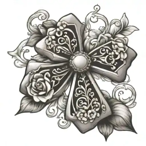 cross with flowers and bow tie  tattoo design idea