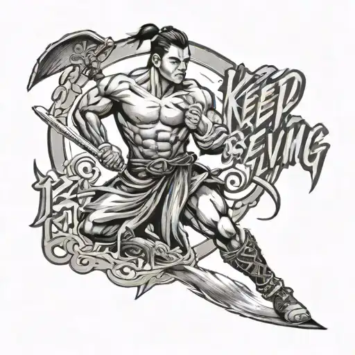 A workout-themed tattoo featuring a strong warrior with Japanese calligraphy for 'keep believing' tattoo design idea