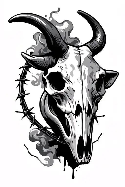 bull skull circled with barbed wire and smoke coming out of its nose tattoo design idea