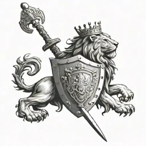 shield with prowling lion wearing a crown and chain with a claymore running diagonally through the back of the shield tattoo design idea