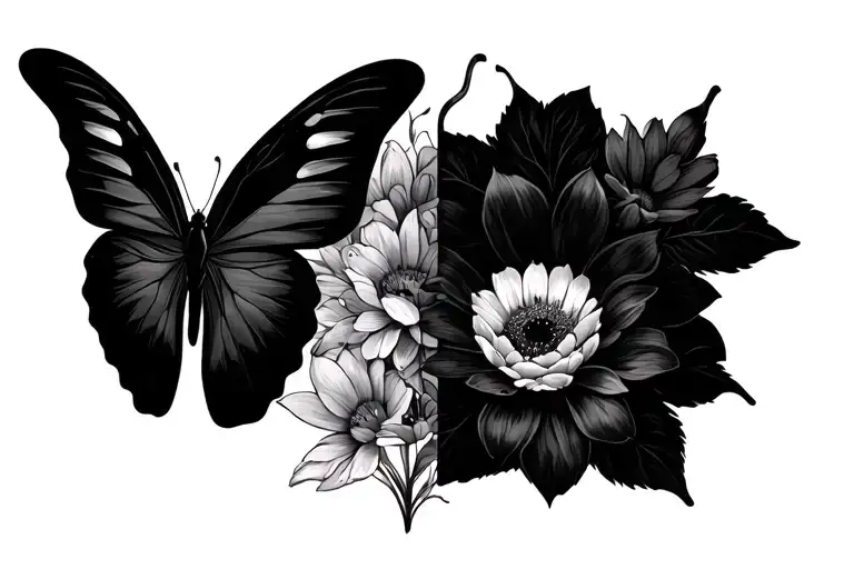 half butterfly half flowers inside tattoo design idea