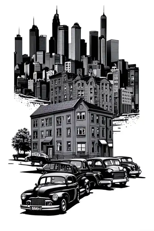 old buildings history of my hometown skyline with hidden with old cars tattoo design idea