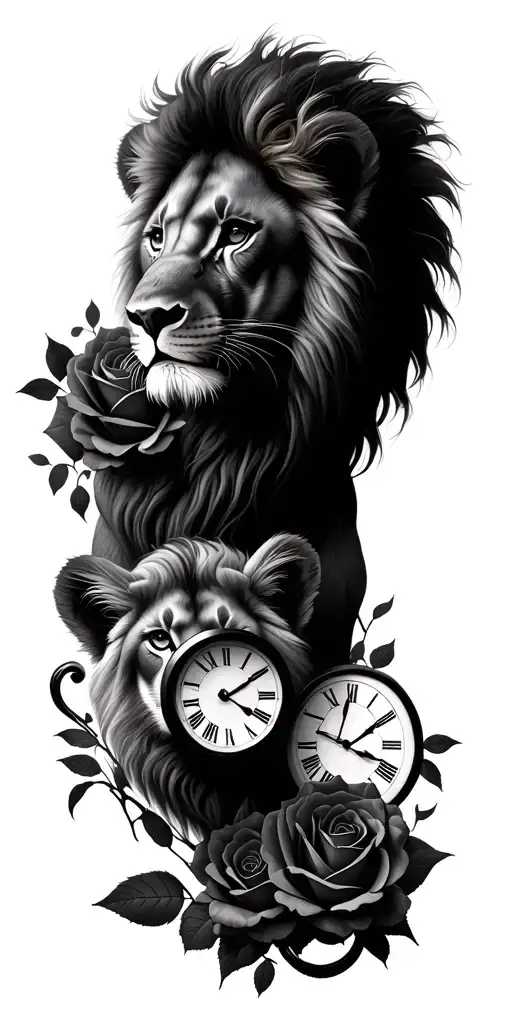 2 lion cubs with roses and 2 time clocks tattoo design idea