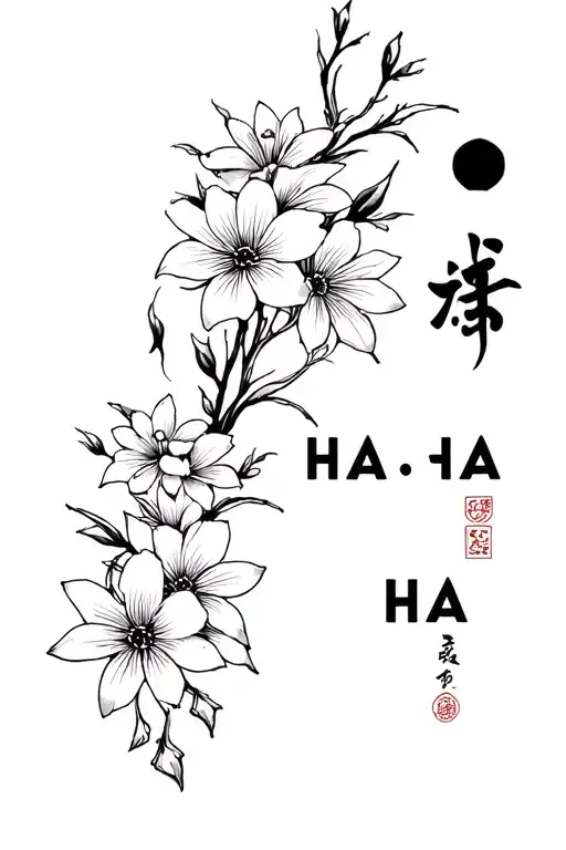 Create a forearm tattoo with spider flowers and Chinese meanings while also including the words HA HA HA and a dangling  tattoo design idea