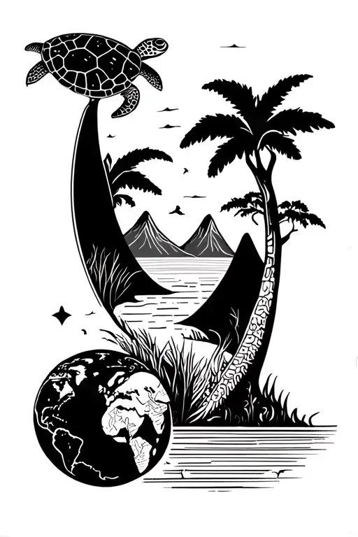 minimalist line tattoo with a sea turtle, map of earth, mountains, the ocean, a willow tree, and an elephant face in a v tattoo design idea