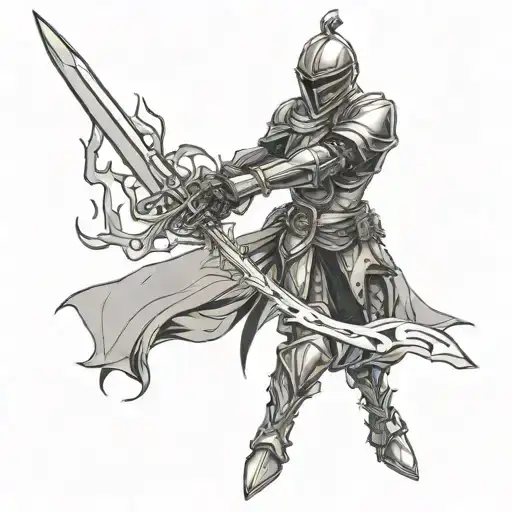 knight like igris from solo leveling holding sword and has eyes with fire tattoo design idea