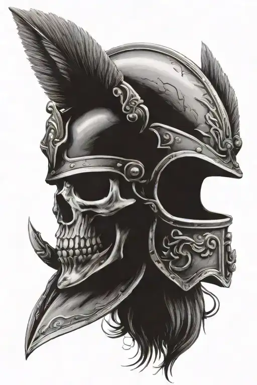 skull wearing ancient Roman helmet in a dark battlefield tattoo design idea