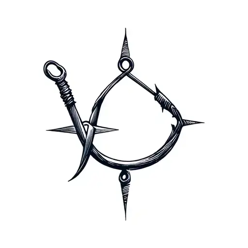 A minimalist fishing hook subtly shaped like a compass needle (pointing north) tattoo design idea