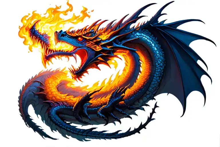 Cyberpunk dragon breathing fire tattoo design idea