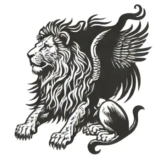 Sitting lion spread his wings up, and his head is raised. tattoo design idea