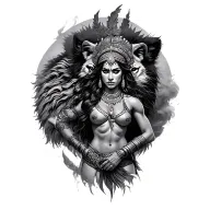 I want an Amazonian warrior India with a wild animal behind and that has smoke effect tattoo design idea