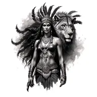 I want an Amazonian warrior India with a wild animal behind and that has smoke effect tattoo design idea