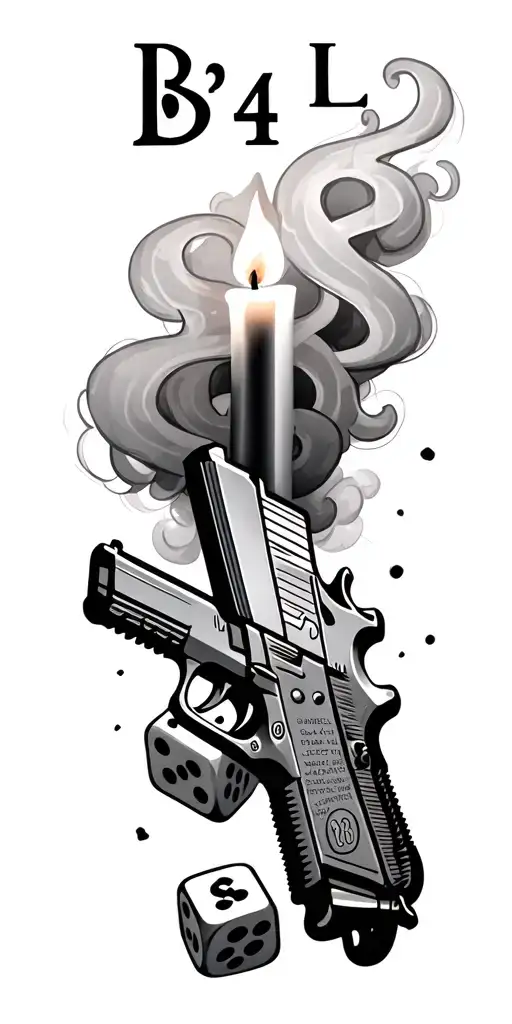 ' B 4 L' text gangster font above, Candle, dollar sign, glock pistol, dices, smoke full arm, spray tattoo design idea