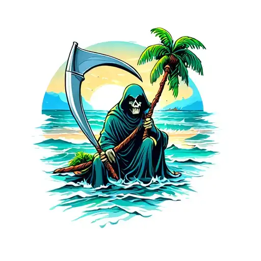 beach, sea, grim reaper, scythe, palm tattoo design idea