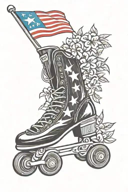 one Roller skate with a puerto rican flag coming out from the top of the shoe and puerto rican flowers tattoo design idea