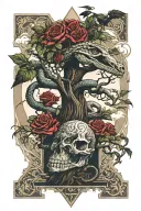 tree snake one pyramid crow waterfalls eyeball wheelchair sun, moon ,whale, dragon emersing, yinyang skull roses tattoo design idea