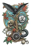 tree snake one pyramid crow waterfalls eyeball wheelchair sun, moon ,whale, dragon emersing, yinyang skull roses tattoo design idea