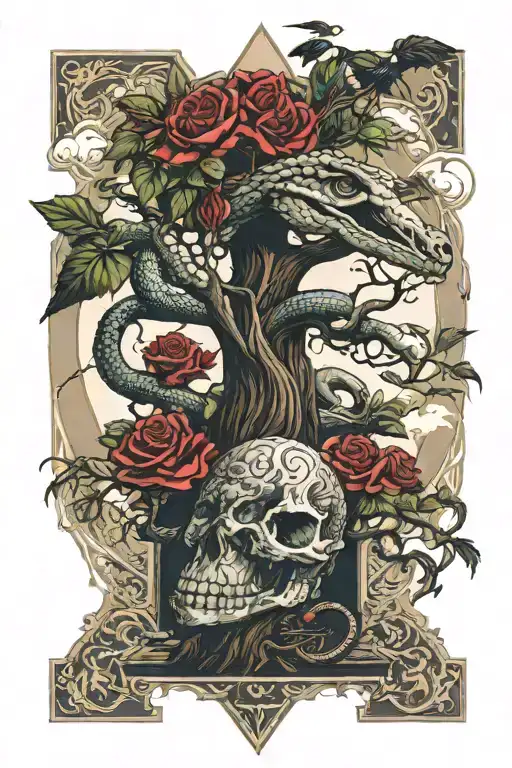 tree snake one pyramid crow waterfalls eyeball wheelchair sun, moon ,whale, dragon emersing, yinyang skull roses tattoo design idea
