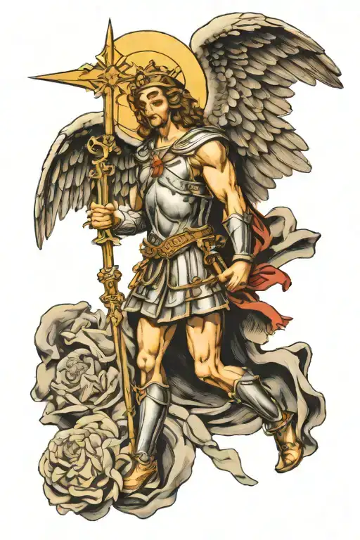 I want a Christian tattoo with archangel michael as a warrior of Christ with a Big cross standing behind him tattoo design idea
